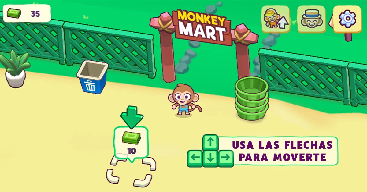 Vista del supermercado en Monkey Mart con puestos y clientes.