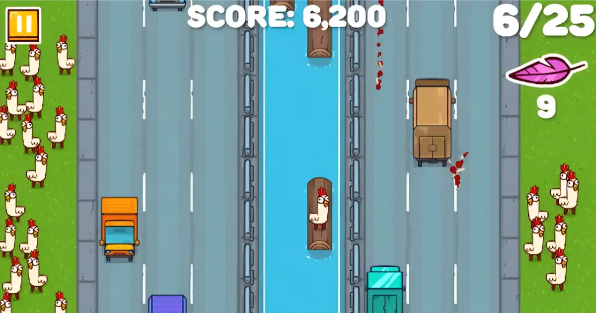 Gallinas cruzando la carretera con coches y camiones en Go Chicken Go!