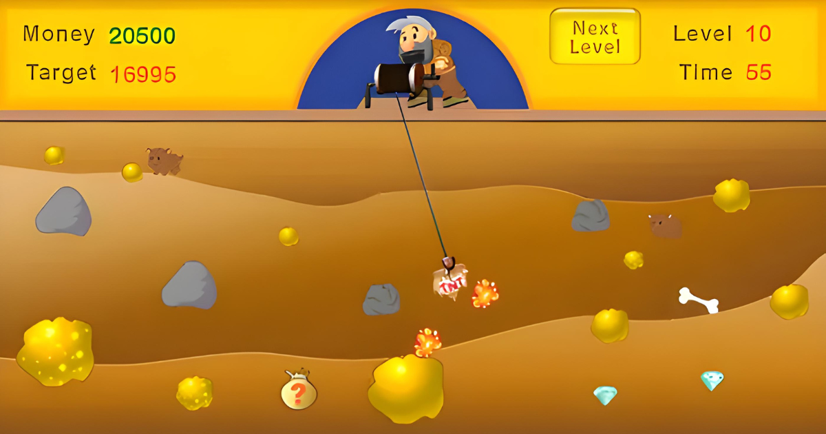 Gancho bajando hacia una pepita grande con reloj de nivel en Gold Miner